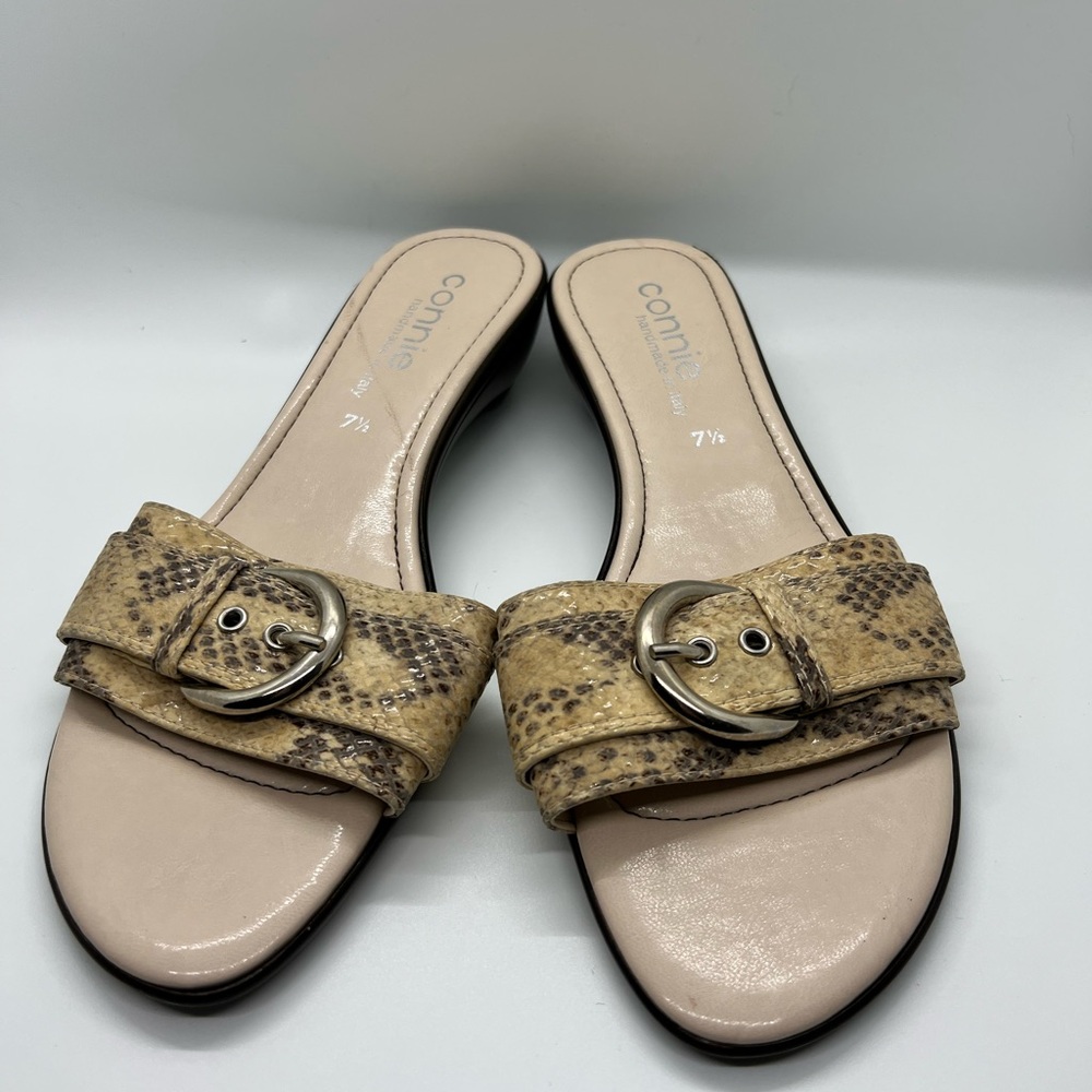 Connie Tan Slide Sandals with Decorative Buckle